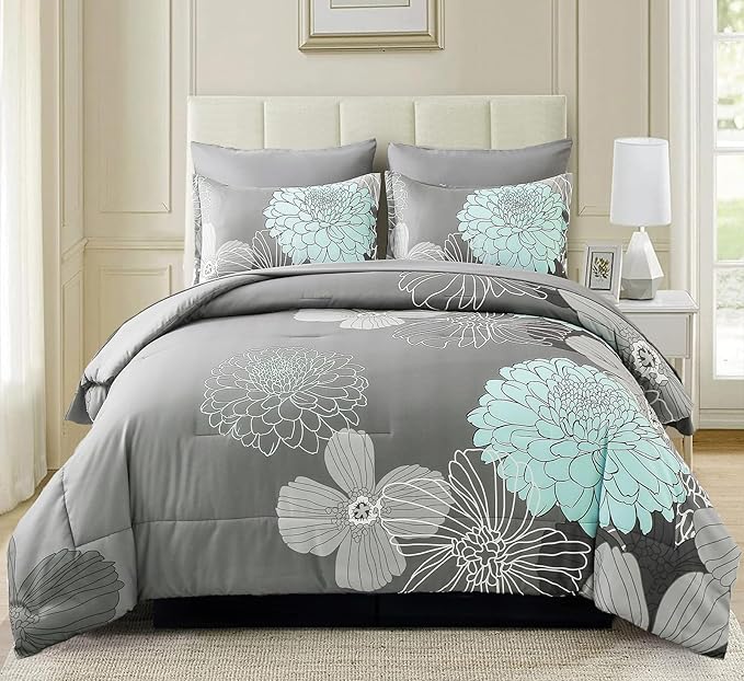 Yiran California King Comforter Set Grey Floral Comforter for All Season Cal King Soft Microfiber Bedding Set,7 Pieces,104"x96"