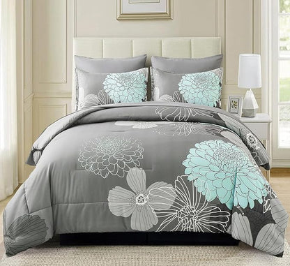 Yiran California King Comforter Set Grey Floral Comforter for All Season Cal King Soft Microfiber Bedding Set,7 Pieces,104"x96"