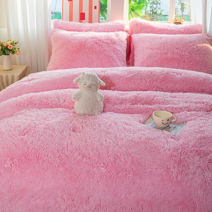 chovy Faux Fur Plush Light Pink Comforter Sets Full/Queen - Ultra Soft Shaggy Flannel Velvet Fluffy Fuzzy 3PC Bedding Set （Comforter x 1 Pillowcases x 2）