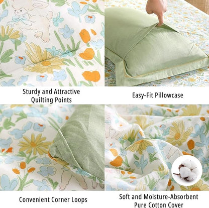 Floral Cotton Comforter King Size 3Pcs - Yellow and Blue Tiny Flowers & Little Lambs on White, Sage Green Back, Reversible Lightweight Bedding Sets with Soft Fill(King, 104"×90")