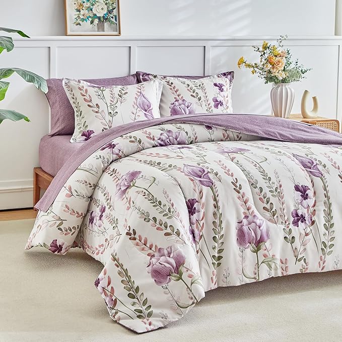 AIKASY Bed in a Bag 7-Piece King Comforter Set - Soft Microfiber Bedding with Elegant Floral, Lightweight and Breathable for All-Season (Regal Purple)
