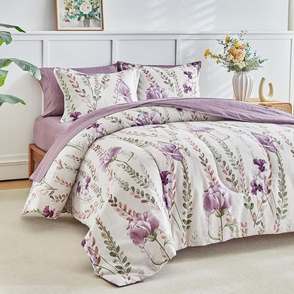 AIKASY Bed in a Bag 7-Piece King Comforter Set - Soft Microfiber Bedding with Elegant Floral, Lightweight and Breathable for All-Season (Regal Purple)