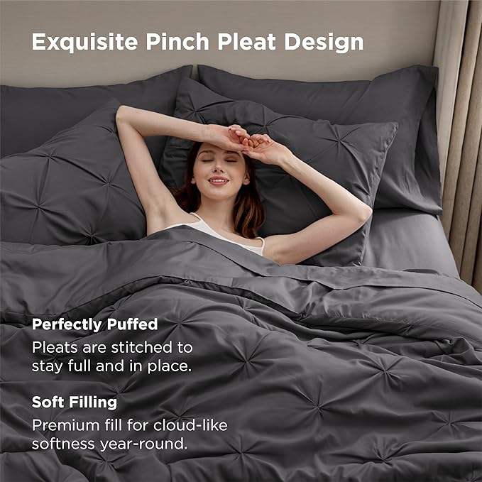 Bedsure King Size Comforter Set Dark Grey - Bed in a Bag Bedding Set 7 Pieces, GentleSoft™ Pintuck Bed Set Gift for Family, Pinch Pleat Dark Grey Comforter with Sheets, Pillowcases & Shams