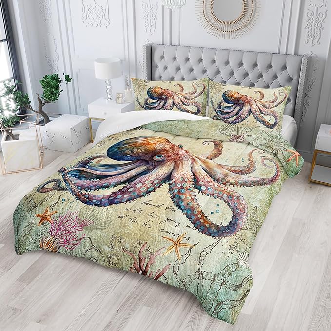 Retro Octopus Comforter Set Twin Size 3Pcs Nautical Coastal Compass Bedding Set Starfish Jellyfish Seaweed Quilt Bed Set for Boys Girls with 1 Comforter and 2 Pillowcases