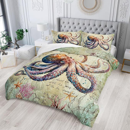Retro Octopus Comforter Set Twin Size 3Pcs Nautical Coastal Compass Bedding Set Starfish Jellyfish Seaweed Quilt Bed Set for Boys Girls with 1 Comforter and 2 Pillowcases