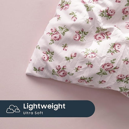 Wake In Cloud - Floral Comforter Set with Sheets, Coquette Cottagecore Aesthetic Flower Shabby Chic Pattern for Women Teen Girls, 7 Pieces Bed in a Bag, Pink, Full Size