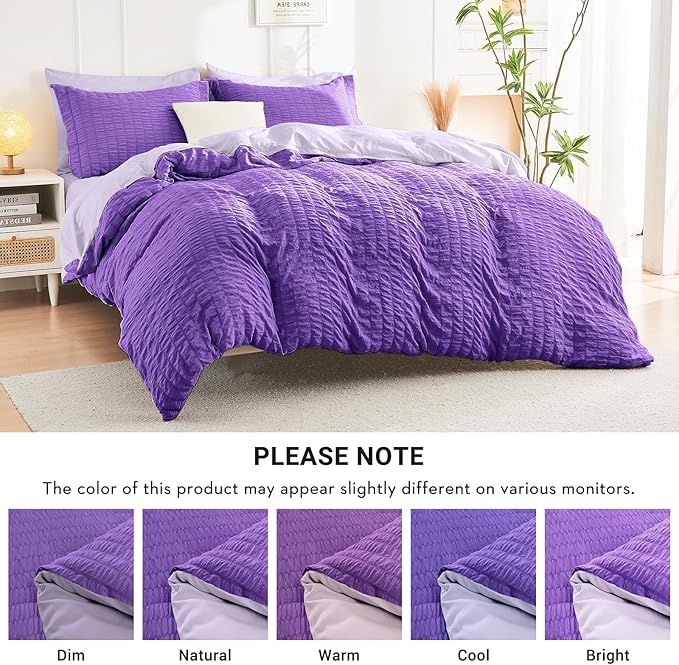 HYMOKEGE Dark Purple/Lavender King Size Comforter Set Seersucker 7 Pieces, All Season Luxury Bed in a Bag for Bedroom, Bedding Set with Comforter, Sheets, Pillowcases & Shams