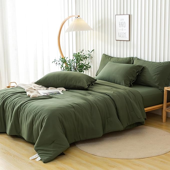 5-Piece Ultra-Soft Twin Bed Sheets and Comforter Set, Lightweight Washed Cozy PolyCotton Quilt for All Season, 1 Comforter Flat Sheet Fitted Sheet 1 Pillow Case 1 Pillowsham(Olive Green,Twin)