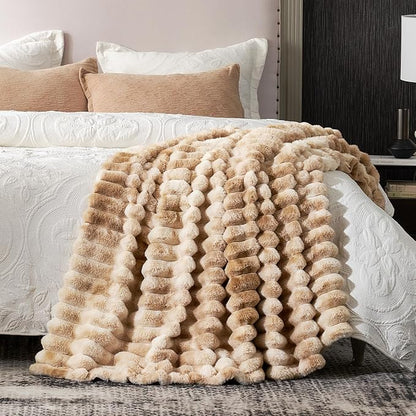 Cozy Bliss Faux Fur Throw Blanket for Couch, Cozy Warm Plush Striped Blanket for Sofa Bedroom Living Room, 50 * 60 Inches Tie-dye Khaki