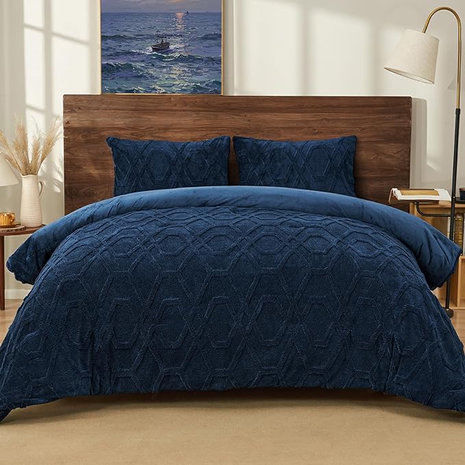 PHF Warm Sherpa Fleece Twin Comforter Set, 3D Tufted Fluffy Navy Blue Bedding for Winter, Soft 2 Pieces Shaggy Bed Set, 1 Comforter (68"x90") and 1 Pillowcase (20"x26")