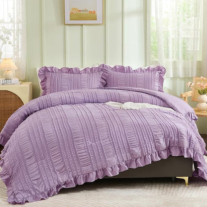 WONGS BEDDING Purple Comforter Set Queen,3 Pieces Ruffle Farmhouse Shabby Chic Comforter for Queen Bed,Soft Seersucker Textured Boho Bedding Set with 1 Ruffle Comforter,2 Tufted Pillowcases 90"×90"