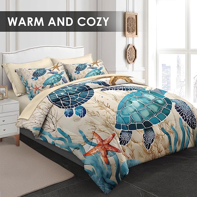 Comforter Set Full Size, Ocean Coral Sea Turtle 7 Pcs Bedding for Kids and Adults, Blue Shell Animal Bed Sheet Sets with Fitted Sheet 2 Pillowcases & 2 Shams for Bedroom Bed Decor
