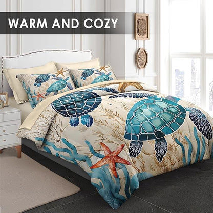 Comforter Set Twin Size, Ocean Coral Sea Turtle 5 Pcs Bedding for Kids and Adults, Blue Shell Animal Bed Sheet Sets with Fitted Sheet Pillowcase & Sham for Bedroom Bed Decor