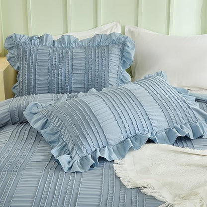 WONGS BEDDING Blue Comforter Set King,3 Pieces Ruffle Farmhouse Shabby Chic Boho Comforter for King Bed,Soft Textured Bedding Set with 1 Ruffle Comforter,2 Tufted Pillowcases 104"×90"