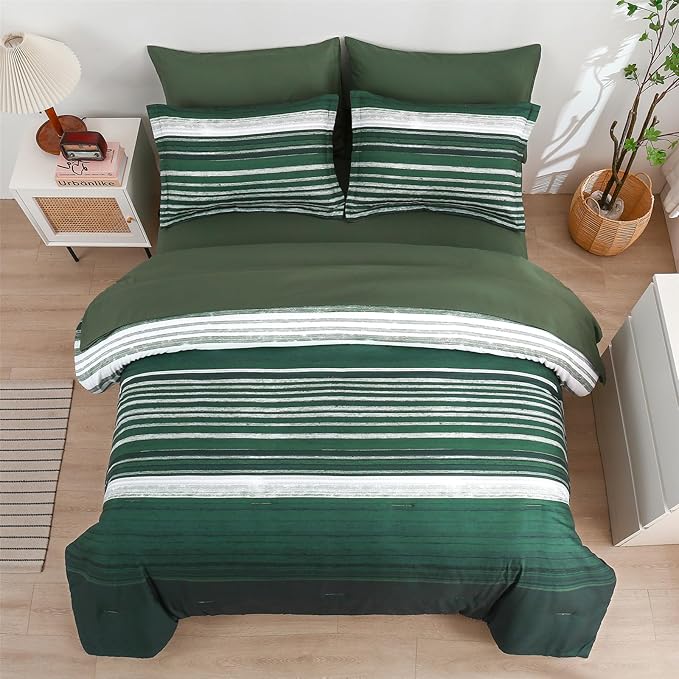 KAKIJUMN 7 Piece Bed in a Bag Stripe Comforter Set Full Size, White Grey Green Patchwork Striped Comforter and Sheet Set, All Season Soft Microfiber Complete Bedding Sets(Dark Green,Full)