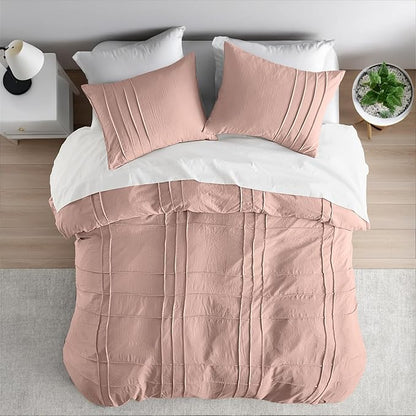 Queen Size Comforter Set Pink, 3 Pieces Bedding Set, Ultra Soft Prewashed Bed Set, Pinch Pleat All Seasons Lightweight Comforter and Shams