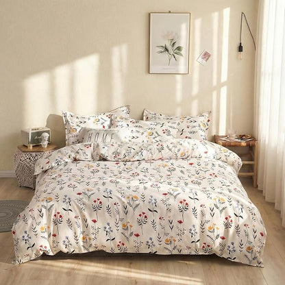 100% Cotton Comforter Queen Size Red and Yellow Floral Bedding Set Reversible Botanical Comforter Set 3 Pcs Cottagecore Soft Breathable Bedding Sets for All Season