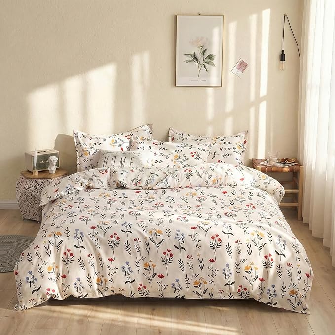 100% Cotton Comforter King Size Red and Yellow Floral Bedding Set Reversible Botanical Comforter Set 3 Pcs Cottagecore Soft Breathable Bedding Sets for All Season