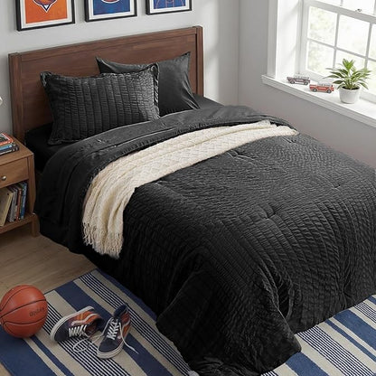 Zzlpp Black Twin Comforter Set 5 Pieces, Seersucker Bed in a Bag with Comforter and Sheets, All Season Bedding Sets with 1 Comforter, 1 Pillow Sham, 1 Pillowcase, 1 Flat Sheet, 1 Fitted Sheet
