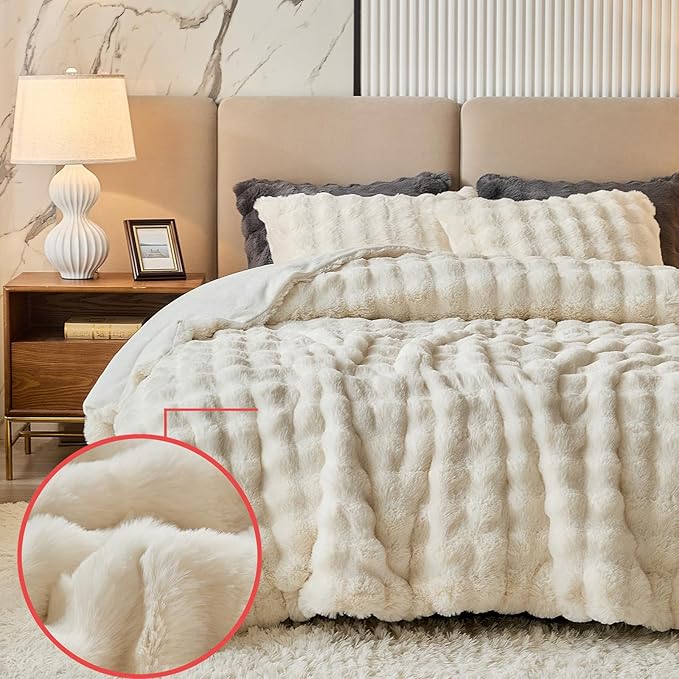 Queen Faux Rabbit Fur Comforter Set - 3 Pieces Fluffy Bedding Set Ultra Soft Warm Shaggy Winter Flannel Bed Set, Luxury Skin Friendly Sherpa Comforter Set & Pillow for Thanksgiving Beige Cream White