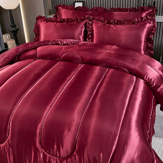 Silk Like King Comforter Satin Bedding 4 Pcs Hotel Soft Polyester Burgundy Bed Set Luxury Silky Body Pillow Cover Ruffle Home Decor
