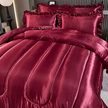 Silk Like Queen Comforter Satin Bedding 4 Pcs Hotel Soft Polyester Burgundy Bed Set Luxury Silky Body Pillow Cover Ruffle Home Decor