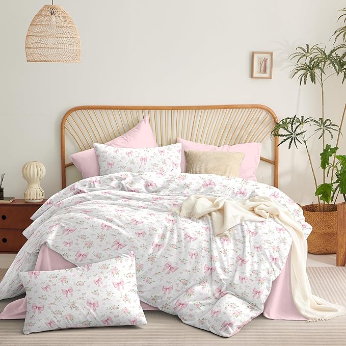 Nayoroom Pink Bow Comforter Set Full Size White Green Leaf Floral Comforter 3 Pieces Girls Soft Lightweight Cute Coquette Bedding Set for All Seasons