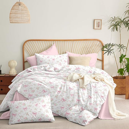 Nayoroom Pink Bow Comforter Set Full Size White Green Leaf Floral Comforter 3 Pieces Girls Soft Lightweight Cute Coquette Bedding Set for All Seasons