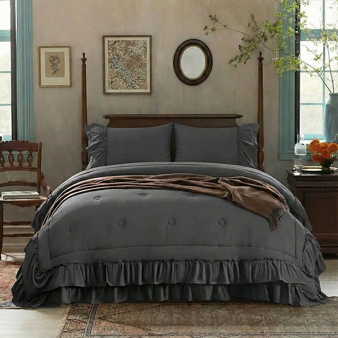 Dark Grey Comforter Set King Boho Bedding Set Shabby Chic 2 Layers Ruffled Bedroom Home Decor Ultra Soft Microfiber Farmhouse Down Comforter Bohemian Quilt Set