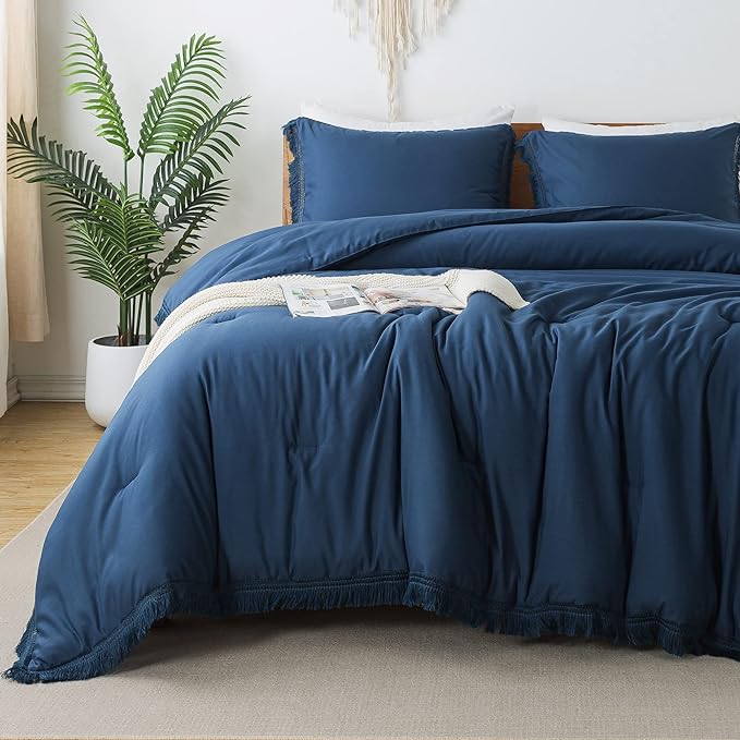 Andency Navy Blue Comforter Set Queen, 3 Pieces Boho Tassel Lightweight Bedding Comforter Sets, All Season Soft Fluffy Fringe Bed Set (90x90In Comforter & 2 Pillowcases)
