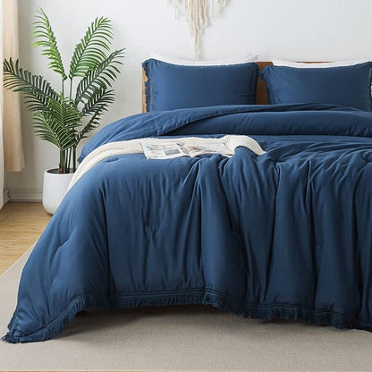 Andency Navy Blue Comforter Set Twin Size, 2 Pieces Boho Tassel Lightweight Bedding Comforter Sets, All Season Soft Fluffy Fringe Bed Set (66x90In Comforter & 1 Pillowcase)