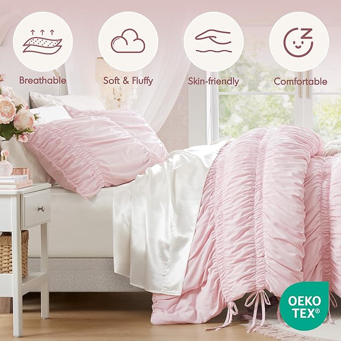Intelligent Design King Comforter Set Ruched Shabby Chic Comforters for King Size Bed, All Season Lightweight Comforter King, French Country Bedding Set, Shams, Ella, King/Cal King, Pink 3 Piece