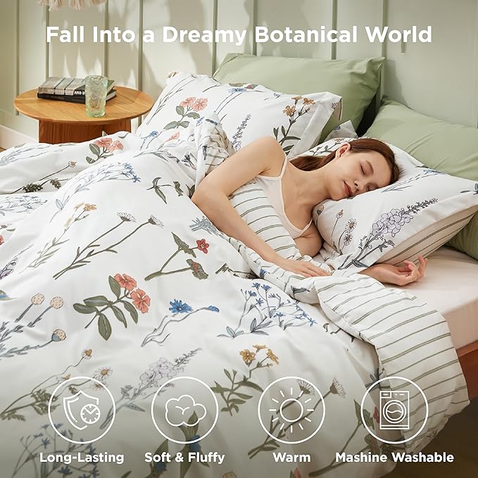 Bedsure Comforter Set Queen Size - Cute Floral Bedding Comforter Set, 3 Pieces, 1 Soft Reversible Coconut White Botanical Flowers Comforter and 2 Pillow Shams