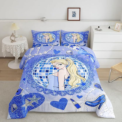 Princess Girly Kids Comforter Set Full Size,Bowknot High-heeled Shoes Lip Dreamy Bedding Set,Girls Women Room Decor,Glitter Sequin Star Diamond Down Comforter,Blue Noble Duvet Insert,2 Pillowcases