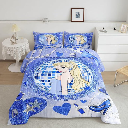 Princess Girly Kids Comforter Set Twin Size,Bowknot High-heeled Shoes Lip Dreamy Bedding Set,Girls Women Room Decor,Glitter Sequin Star Diamond Down Comforter,Blue Noble Duvet Insert,1 Pillowcase