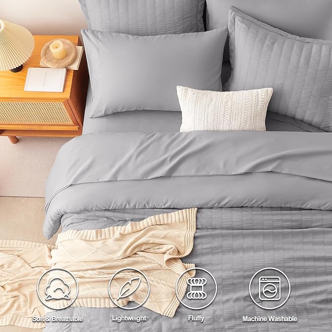 CozyLux Full Size Comforter Sets with Sheets 7 Pieces, Grey Seersucker Bed in a Bag Textured Luxury Soft Gray Bedding Set with Down Alternative Comforter, Sheets, Pillowcases & Shams for All Seasons