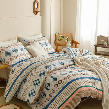 CLOTHKNOW Aztec Boho King Size Comforter Set Southwest Bedding Comforter Sets White Blue Comforter American Tribal Navajo Comforter with 2 x Pillowcases