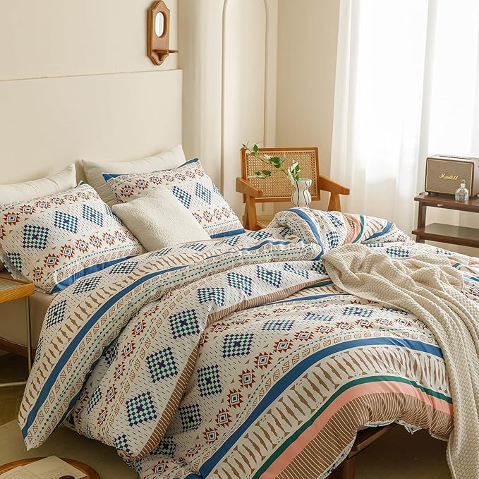 CLOTHKNOW Aztec Southwest Comforter Set Twin/Twin XL Geometric Bedding Comforter Sets Bohemian Twin Comforter White Blue Comforter Sets