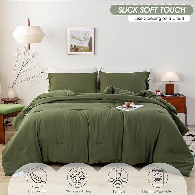 5-Piece Ultra-Soft Twin Bed Sheets and Comforter Set, Lightweight Washed Cozy PolyCotton Quilt for All Season, 1 Comforter Flat Sheet Fitted Sheet 1 Pillow Case 1 Pillowsham(Olive Green,Twin)