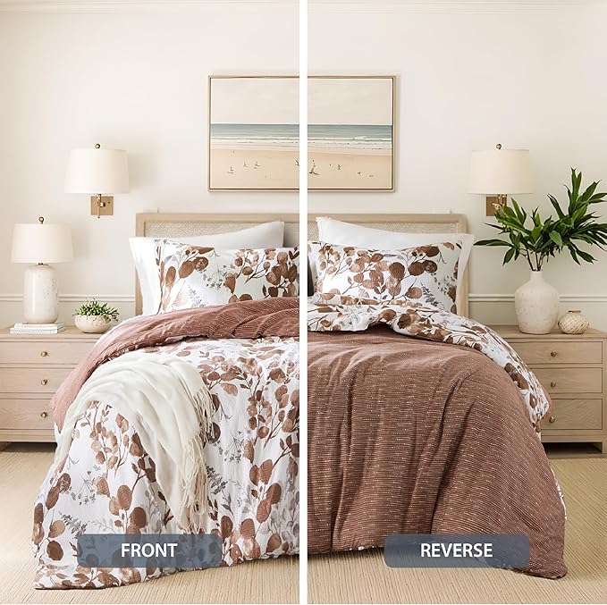 Lightweight Seersucker Botanical King Size Comforter Set, 3 Pieces Reversible Design Bed Comforter, Premium Microfiber Bedding Set, Comforter and Shams Set, Terracotta