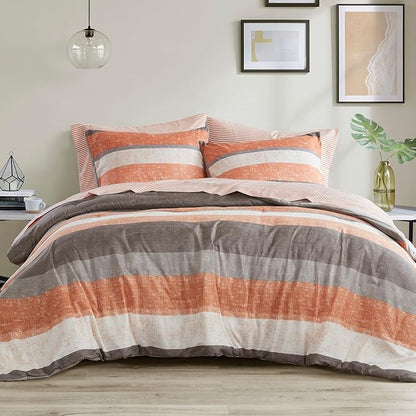 Madison Park Essentials Jaxon Full Comforter Set, Bed in A Bag Comforter & Sheet Set, Modern Casual Stripes Print, All Seasons, Soft Bedding Makeover, Matching Sham, Full Coral/Grey 7 Piece