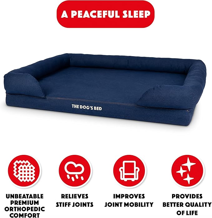 The Dog’s Bed Orthopedic Memory Foam Dog Bed with Bolsters, Oxford Fabric, Blue Denim, XXL