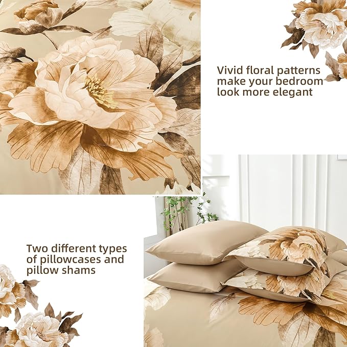 Dobuyly California King Comforter Set 7 Piece Bed in a Bag, Taupe Floral Printed on Khaki Fall Comforter Set with Sheets, Soft Microfiber Farmhouse Complete Bedding Set for All Season