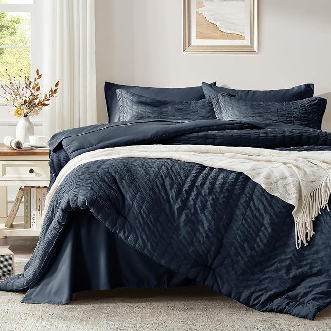 Zzlpp Full Comforter Set 7 Pieces, Navy Blue Seersucker Bed in a Bag with Comforter and Sheets, All Season Bedding Sets with 1 Comforter, 2 Pillow Shams, 2 Pillowcases, 1 Flat Sheet, 1 Fitted Sheet