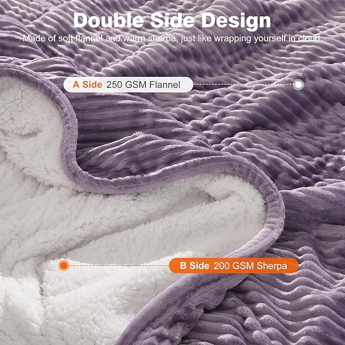 Electric Blanket Full Heated Blanket Full Size - Striped Flannel & Thick Sherpa, 5 Heat Settings & 10 Hour Auto Off with FCC/ETL Certified, Overheat Protection & Machine Washable, Lavender 72"x84"