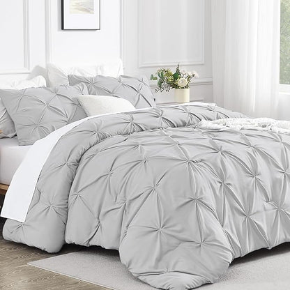 Andency Light Grey Pinch Pleat Comforter Full(79x90Inch), 3 Pieces(1 Down Alternative Comforter and 2 Pillowcases) Grey Bed Set Microfiber Pintuck Bedding Set