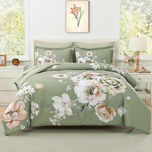 Floral King Size Comforter Set - 7 Piece Botanical Green Flower Bed in a Bag Ulter Soft Microfiber Bedding Set, Lightweight Bed Comforter Set with Sheets for All Season (Green, King)