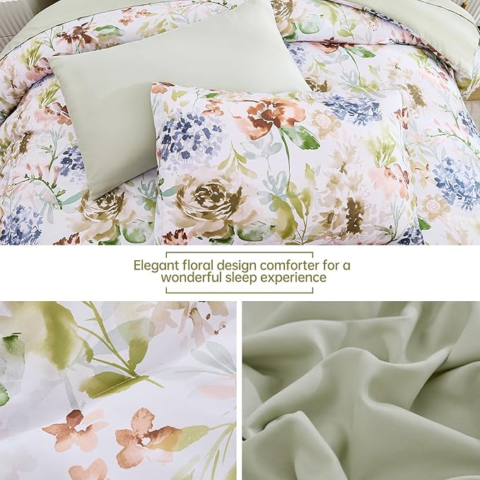 Luxudecor Floral Comforter Set King Size 7 Pieces Bed in a Bag, Green Flower Watercolor Bed Set, Soft Comforter with Sheet Set 104"x90"