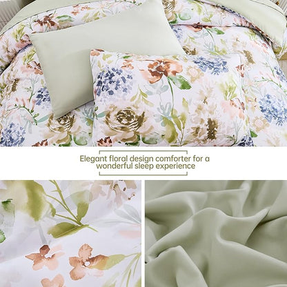 Luxudecor Floral Comforter Set Queen Size 7 Pieces Bed in a Bag, Green Flower Watercolor Bed Set, Soft Comforter with Sheet Set 90"x90"