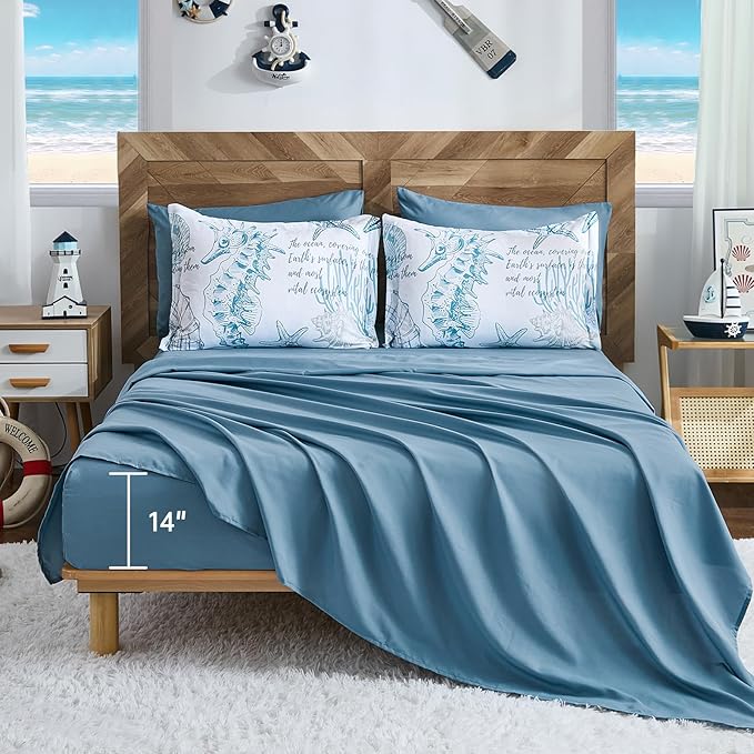 Coastal Comforter Set Queen, Beachy Themed Comforters,7 Pieces Ocean Bed in a Bag Nautical Bedding Seahorse Sea Shell with Sheets for All Season